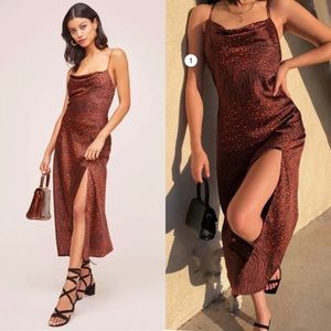 ASTR the Label Gaia Animal Midi Dress in Rust Animal Size XS